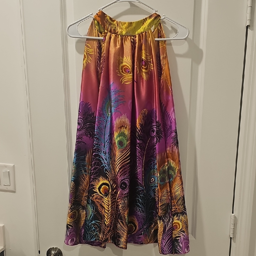 Peacock-Print Halter Mini Dress in Multicolor